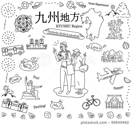 享受日本九州地區夏季特產觀光的一對老年夫婦，一組圖標（黑白線描） 99649460