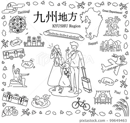 A family of three who enjoys autumn specialty sightseeing in the Kyushu region of Japan, a set of icons (line drawing black and white) A family of three who enjoys autumn specialty sightseeing in the Kyushu region of Japan, a set of icons (line drawing black and white) 99649463