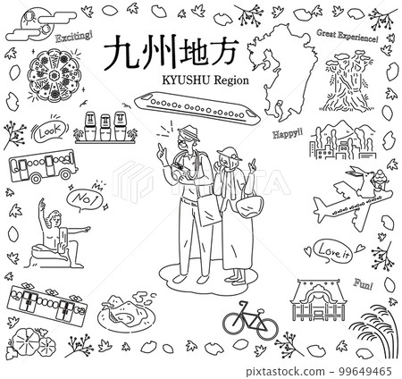 一對享受日本九州地區秋季特產觀光的老年夫婦，一組圖標（黑白線描） 99649465