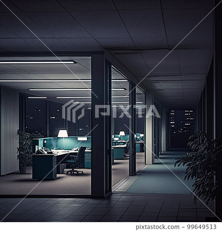 晚上黑暗荒涼的辦公室,只有一盞小燈亮著(從公司內部走廊看到的玻璃封閉房間) 晚上黑暗荒涼的辦公室,只有一盞小燈亮著(從公司內部走廊看到的玻璃封閉房間) 99649513