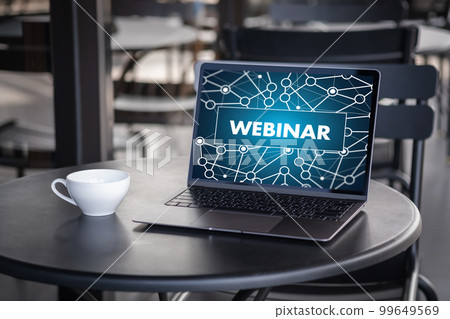 Webinar, Hands-on Table Use E-business Connection on Computer, Man Working From Home Participating in Online Group Communication WEBINAR Webinar, Hands-on Table Use E-business Connection on Computer, Man Working From Home Participating in Online Group Communication WEBINAR 99649569