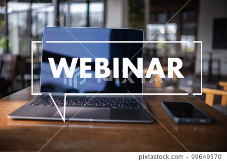 Webinar, Hands-on Table Use E-business Connection on Computer, Man Working From Home Participating in Online Group Communication WEBINAR 99649570
