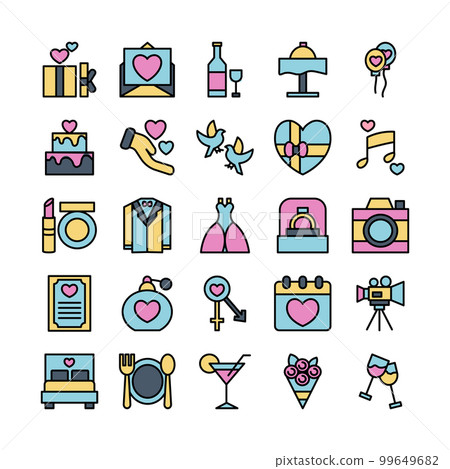 Wedding icon set. Marriage, romantic, couple, symbol vector illustration Wedding icon set. Marriage, romantic, couple, symbol vector illustration 99649682