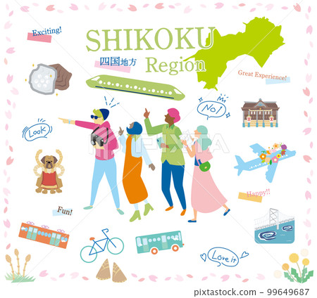 遊客在日本四國地區享受春季特別觀光,一組圖標(平面) 遊客在日本四國地區享受春季特別觀光,一組圖標(平面) 99649687