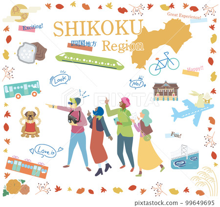 Tourists enjoying the autumn specialty sightseeing in the Shikoku region of Japan, a set of icons (flat) 99649695