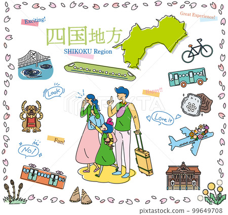 A family of three enjoying spring special sightseeing in the Shikoku region of Japan, a set of icons (line drawing) 99649708