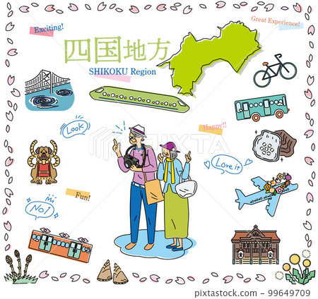 一對在日本四國地區享受春天特別觀光的老年夫婦，一組圖標（線描） 99649709