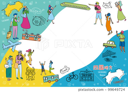 Tourists enjoying summer specialties sightseeing in the Shikoku region of Japan, set of icons (line drawing) 99649724