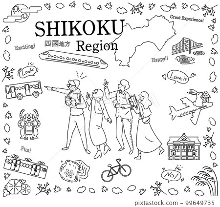 Tourists enjoying the autumn specialty sightseeing in the Shikoku region of Japan, a set of icons (line drawing black and white) Tourists enjoying the autumn specialty sightseeing in the Shikoku region of Japan, a set of icons (line drawing black and white) 99649735