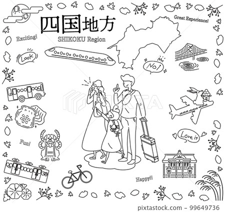 A family of three who enjoys autumn specialty sightseeing in the Shikoku region of Japan, a set of icons (line drawing black and white) A family of three who enjoys autumn specialty sightseeing in the Shikoku region of Japan, a set of icons (line drawing black and white) 99649736