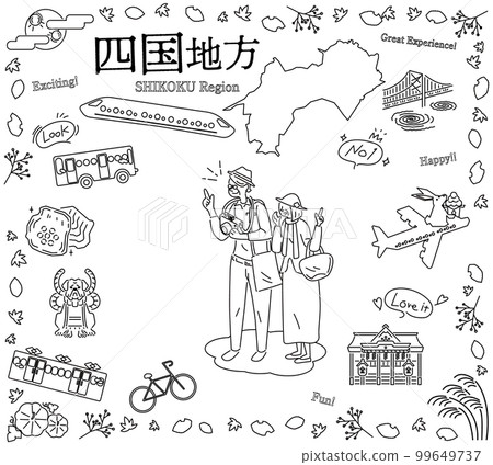 Senior couple enjoying autumn specialty sightseeing in Shikoku region of Japan, set of icons (line drawing black and white) 99649737