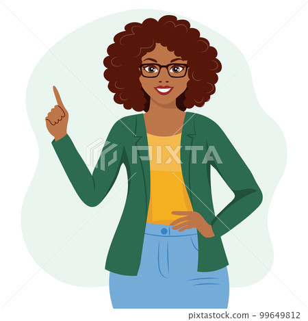 A black African American woman with a joyful expression raised her finger up. Human emotions. Flat style illustration, vector A black African American woman with a joyful expression raised her finger up. Human emotions. Flat style illustration, vector 99649812
