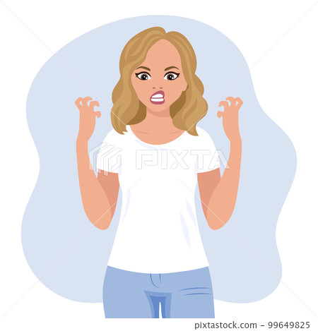 A blonde woman with an angry expression gesticulates with her hands. Human emotions. Flat style illustration, vector A blonde woman with an angry expression gesticulates with her hands. Human emotions. Flat style illustration, vector 99649825