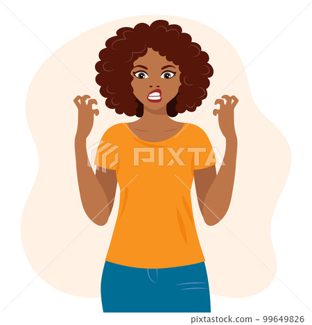 Black African American woman with an angry expression gesturing with her hands. Human emotions. Flat style illustration, vector Black African American woman with an angry expression gesturing with her hands. Human emotions. Flat style illustration, vector 99649826
