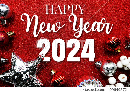 Happy New Year 202 alphabet letter with Christmas decoration on red glitter background Happy New Year 202 alphabet letter with Christmas decoration on red glitter background 99649872