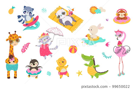 Cute summer animals, raccoon surfer and sloth panda resting beach. Traveling fun activities, happy giraffe flaming eating ice cream, nowaday recent animal characters Cute summer animals, raccoon surfer and sloth panda resting beach. Traveling fun activities, happy giraffe flaming eating ice cream, nowaday recent animal characters 99650022