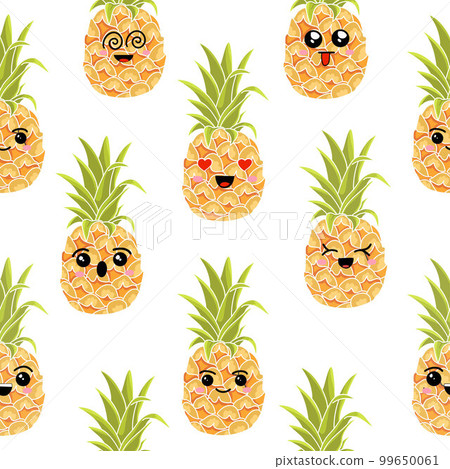 Seamless pattern of pineapples with different emotions. Color illustrations on a white background. 99650061