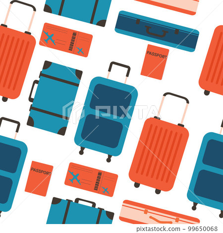 Seamless pattern of suitcases for travel and leisure. Colorful color illustration highlighted on a white background. Seamless pattern of suitcases for travel and leisure. Colorful color illustration highlighted on a white background. 99650068