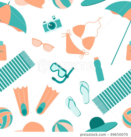 Summer seamless pattern. Accessories for sea holidays. Suitable for printing, textiles, backgrounds, wallpaper, wrapping paper, packaging. White background 99650070
