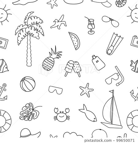 Summer seamless pattern, hand-drawn in doodles. Suitable for printing, textiles, backgrounds, wallpaper, wrapping paper, packaging. White background 99650071