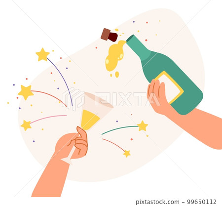 Party celebrating, birthday, anniversary festive poster. Hand with champagne pour wine in glass. Positive happy celebrate, vector illustration Party celebrating, birthday, anniversary festive poster. Hand with champagne pour wine in glass. Positive happy celebrate, vector illustration 99650112