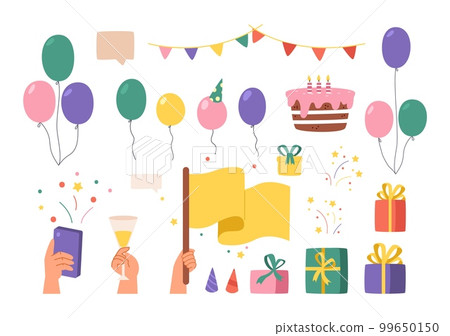Birthday party cartoon elements. Colorful balloons, cake with candles, flags garlands, gifts and fireworks. Hand hold glass of wine, flag and smartphone, vector festive clipart Birthday party cartoon elements. Colorful balloons, cake with candles, flags garlands, gifts and fireworks. Hand hold glass of wine, flag and smartphone, vector festive clipart 99650150