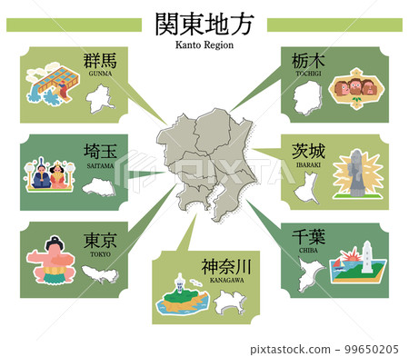 日本關東地區的一組圖標、地圖和觀光景點 日本關東地區的一組圖標、地圖和觀光景點 99650205