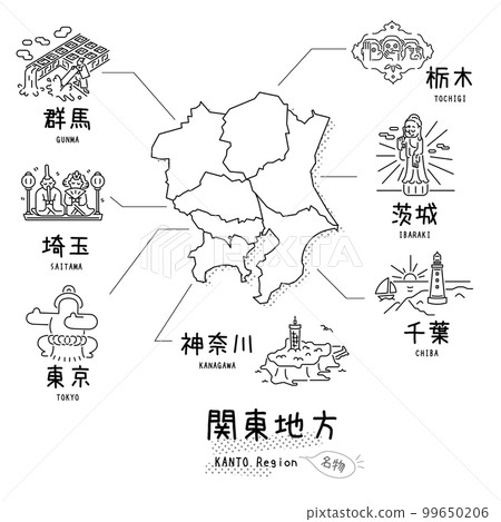 Famous sightseeing in the Kanto region of Japan, map, set of icons (line drawing black and white) Famous sightseeing in the Kanto region of Japan, map, set of icons (line drawing black and white) 99650206
