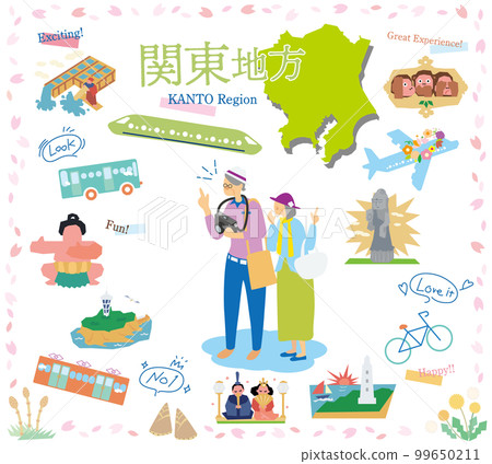 在日本關東地區享受春季特別觀光的老年夫婦，一組圖標（扁平） 99650211