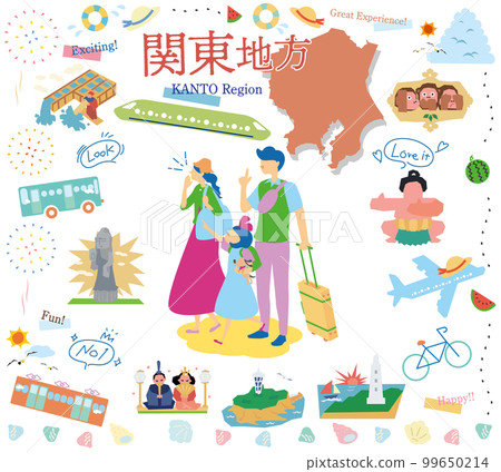 一家三口在日本關東地區享受夏季特色觀光，一組圖標（平面） 99650214