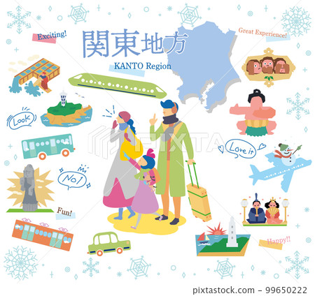 一家三口在日本關東地區享受冬季特色觀光,一組圖標(平面) 一家三口在日本關東地區享受冬季特色觀光,一組圖標(平面) 99650222
