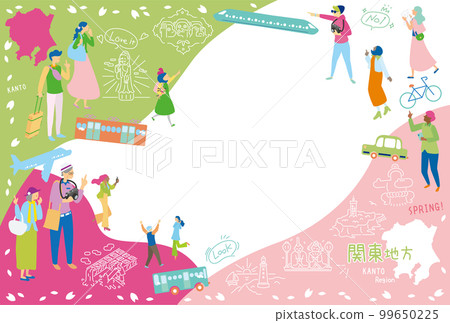 遊客在日本關東地區享受春季特別觀光，一組圖標（平面） 99650225