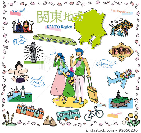 在日本關東地區享受春天特別觀光的一家三口，一組圖標（線描） 99650230