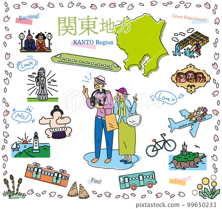 一對老年夫婦在日本關東地區享受春季特別觀光，一組圖標（線描） 99650231