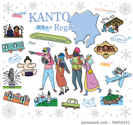 Tourists who enjoy sightseeing in winter in the Kanto region of Japan, a set of icons (line drawing) 99650241