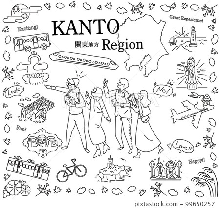 Tourists enjoying the autumn specialties sightseeing in the Kanto region of Japan, a set of icons (line drawing black and white) Tourists enjoying the autumn specialties sightseeing in the Kanto region of Japan, a set of icons (line drawing black and white) 99650257