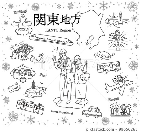一對在日本關東地區享受冬季觀光的老年夫婦，一組圖標（黑白線描） 99650263