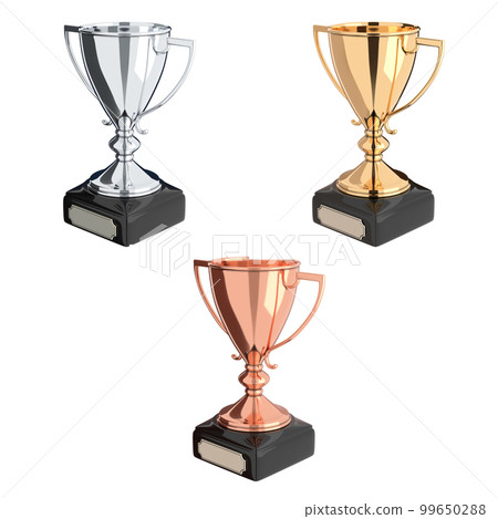 Golden, silver and bronze trophy set 3D illustration Golden, silver and bronze trophy set 3D illustration 99650288