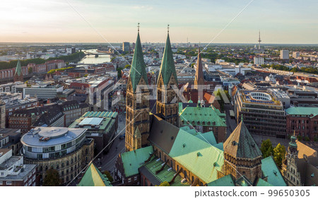 Bremen, Germany. Aerial View on Historical Center of Bremen, Marktplatz at Sunrise. Bremen, Germany. Aerial View on Historical Center of Bremen, Marktplatz at Sunrise. 99650305