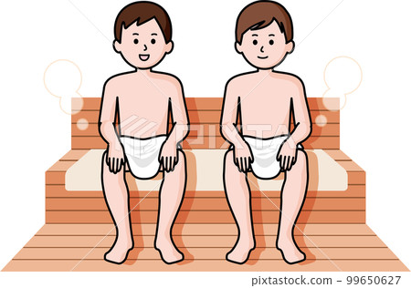 Two men relaxing in a sauna 99650627