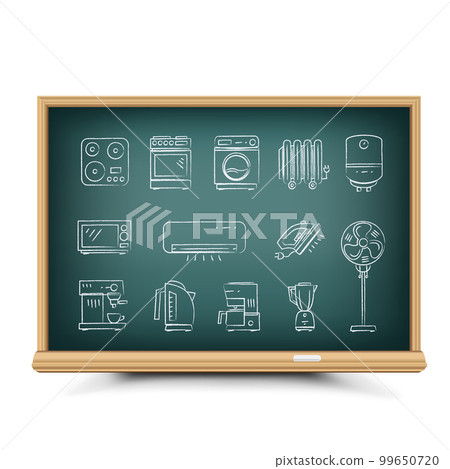 Chalk draw energy-consuming icons on blackboard 99650720
