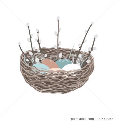 Nest with colorful eggs and pussy willow branches. Happy Easter card. Woven nest design element isolated on white background, vector illustration. 99650968