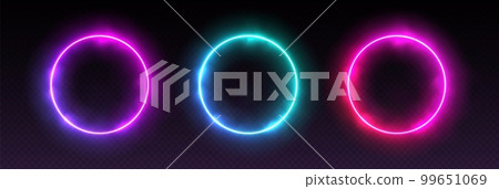 Gradient neon circle frames with smoke, led borders with mist effect, transparent glowing haze. 99651069