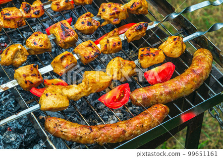 Assorted delicious grilled meat with vegetables over the coals on a barbecue Assorted delicious grilled meat with vegetables over the coals on a barbecue 99651161