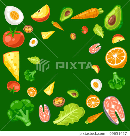 Background with healthy eating and diet meal. Fruits, vegetables and proteins for proper nutrition. 99651457