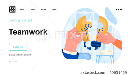 Teamwork web concept. Colleagues cooperate, successfully develop and improve business together. Template of people scene. Vector illustration with character activities in flat design for website Teamwork web concept. Colleagues cooperate, successfully develop and improve business together. Template of people scene. Vector illustration with character activities in flat design for website 99651469