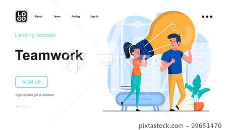 Teamwork web concept. Man and woman work together, create ideas, brainstorming communication. Template of people scene. Vector illustration with character activities in flat design for website Teamwork web concept. Man and woman work together, create ideas, brainstorming communication. Template of people scene. Vector illustration with character activities in flat design for website 99651470