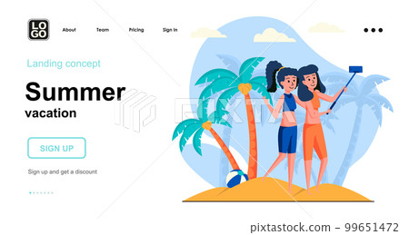 Summer vacation web concept. Women taking selfie on beach. Two girlfriends resting seaside resort. Template of people scene. Vector illustration with character activities in flat design for website Summer vacation web concept. Women taking selfie on beach. Two girlfriends resting seaside resort. Template of people scene. Vector illustration with character activities in flat design for website 99651472