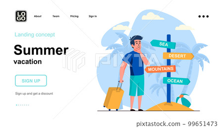 Summer vacation web concept. Man with luggage stands at sign directions, chooses type of recreation. Template of people scene. Vector illustration with character activities in flat design for website Summer vacation web concept. Man with luggage stands at sign directions, chooses type of recreation. Template of people scene. Vector illustration with character activities in flat design for website 99651473