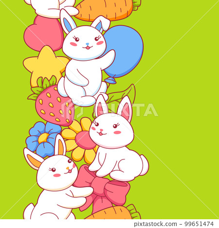 Seamless pattern with cute kawaii little bunnies. Funny characters and decorations in cartoon style. Seamless pattern with cute kawaii little bunnies. Funny characters and decorations in cartoon style. 99651474
